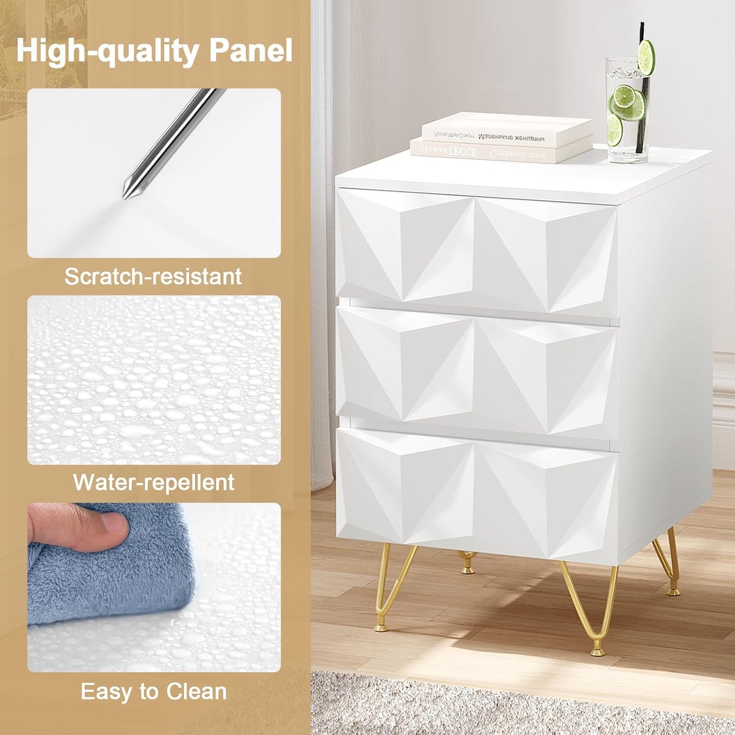 Eugad Nachtkastje met 3 Lades – 40x40x62,5 cm – Wit met Goud – Modern 3D Design