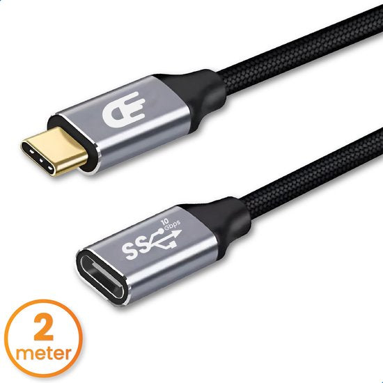 Drivv. USB C Verlengkabel 3.2 - Mannelijk naar Vrouwelijk - Fast Charge / Snellader - USB C Data en Oplaadkabel - 2 meter - Geschikt voor Samsung, iPhone 15 & Meer - Grijs