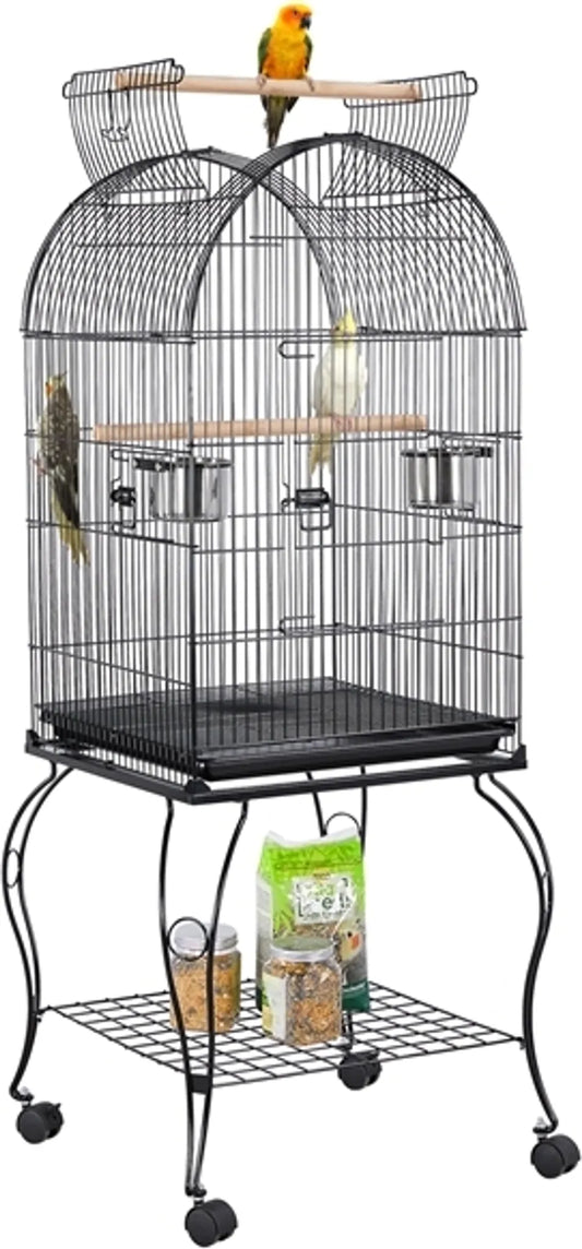 Yaheetech Vogelkooi - Parkieten en Papegaaien - 59,5x59,5x150 cm - Verrijdbaar - Afneembare Standaard - Zitstokken - Zwart