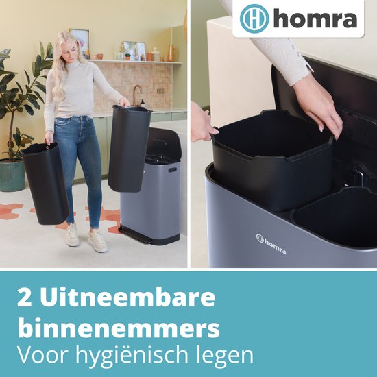 Homra Rockx Pedaalemmer 60 Liter - Duo Prullenbak 2X30L met Geurfilter - RVS Afvalscheidingsprullenbak 2 Vakken - Recycle Afvalbak - Vuilnisbak Keuken afval scheiden - Afvalemmer - Dubbele Prullenbak Grijs