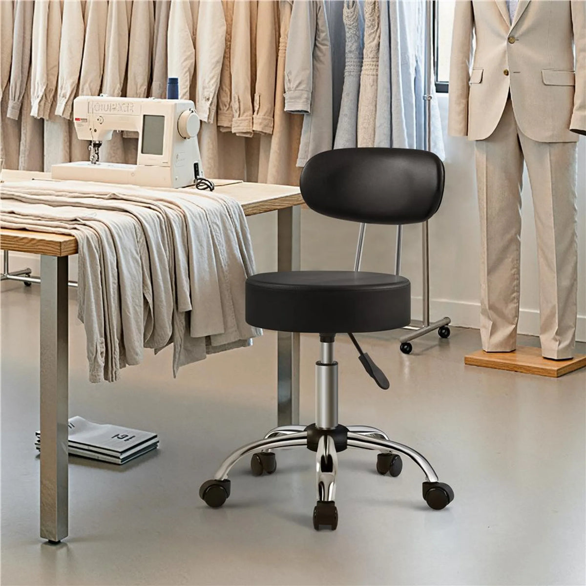 Yaheetech Barkruk Make-upstoel – 52 x 44,5 x 75,5-85 cm – Voorzien Van 10 cm Dik Zitkussen En 360° Rotatie En Verchroomd Metalen Frame – Voor Salon En Kaptafel – Zwart Kunstleer En Metaal