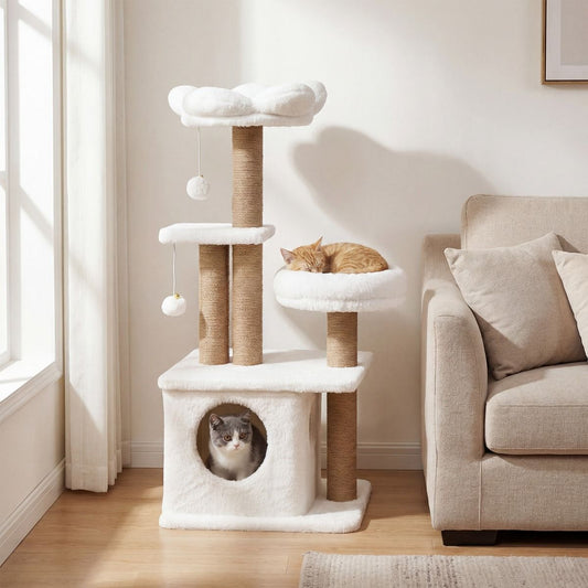 Coast Kattenkrabpaal - bloemvormig uitkijkplatform - kattenhuisje en bed - beige 96 cm