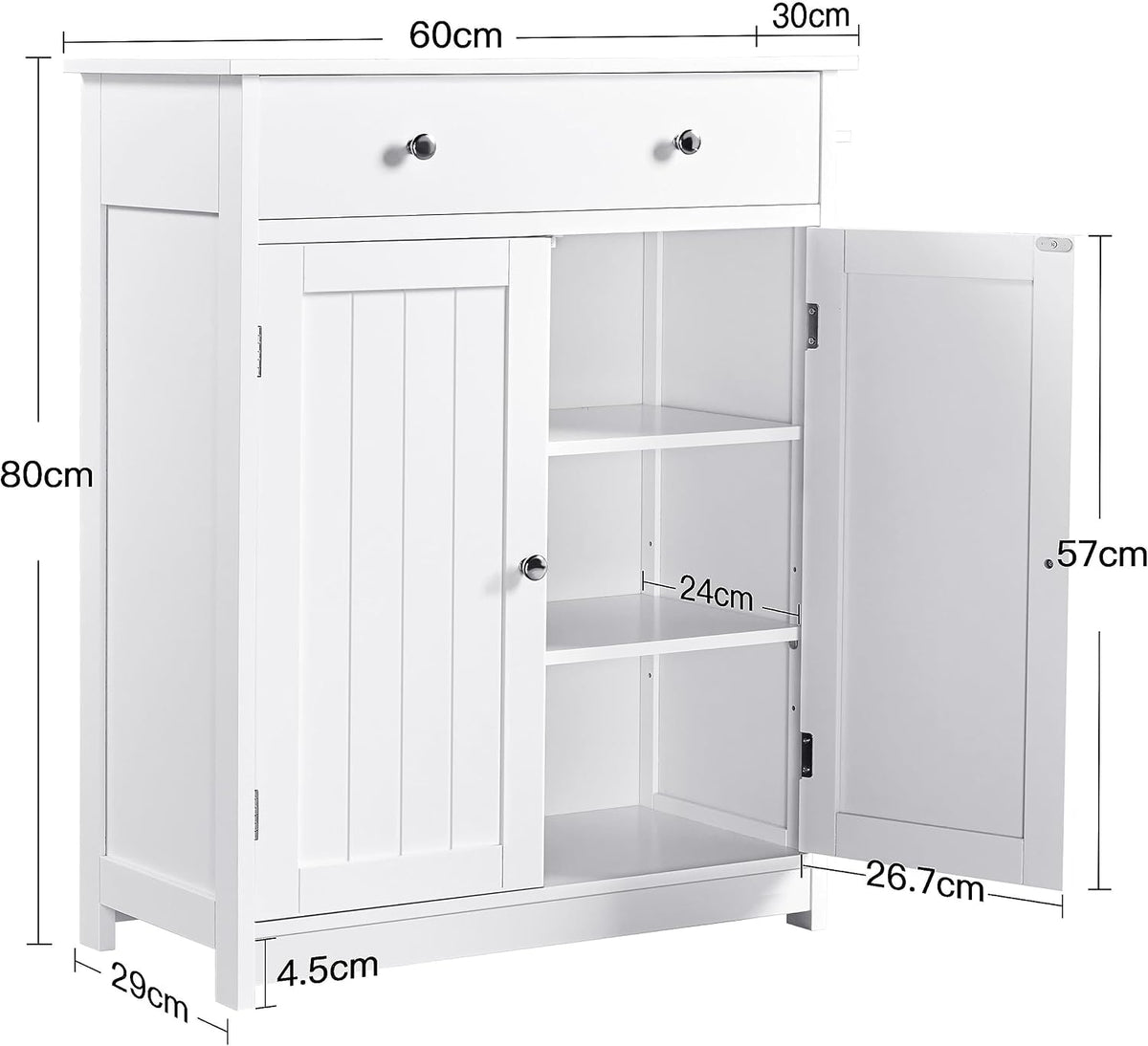 Yaheetech Badkamerkast 60 x 30 x 80 cm - Wit - 2 Deuren - Grote Lade - Verstelbare Planken