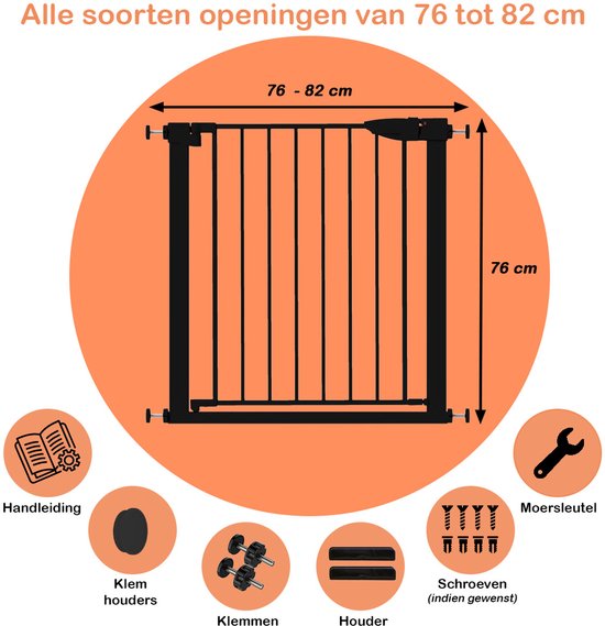 Traphekje Zonder Boren – 76 t/m 82 cm – Veiligheidshekje – Klembevestiging - Kinderhekje - Hondenhek - Zwart