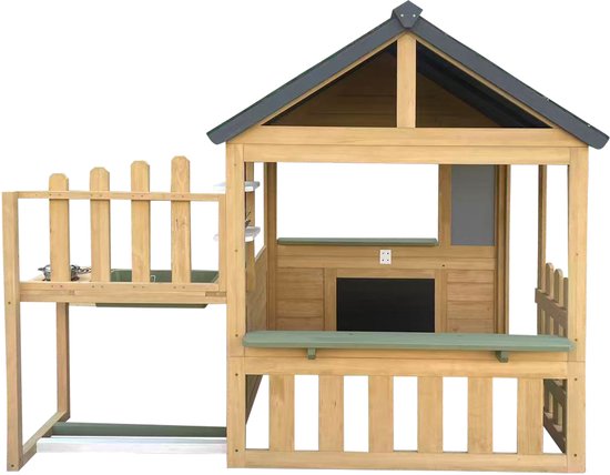 AXI Lizz Speelhuis Bruin/antraciet – Houten Speelhuisje met Speelkeuken, Krijtbord, Spiegel, Bloempotten en accessoires – FSC hout – Tuinhuisje voor Kinderen – 10 jaar garantie