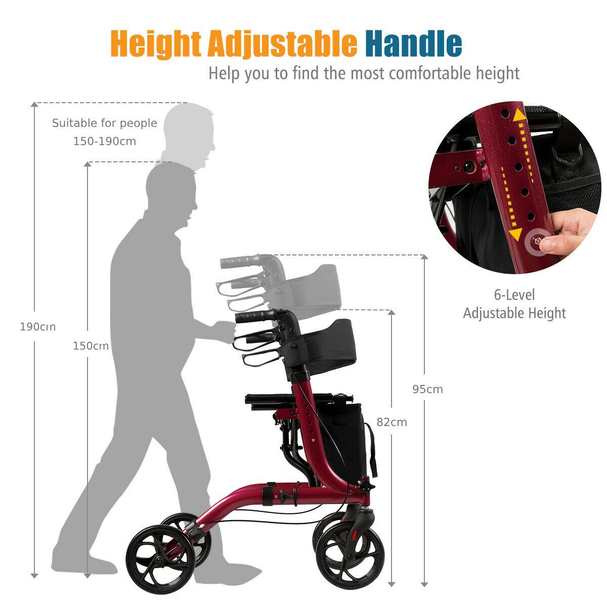 Coast Opvouwbare Aluminium Rollator Walker met 4 Wielen, Rood – 54 x 74 x 82-95 cm