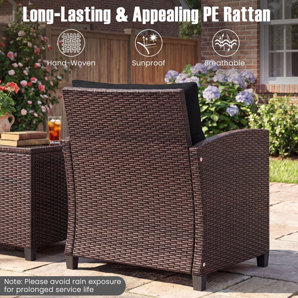 Coast 3-delige tuinset - rotan bistroset met 2 stoelen en tafel - gehard glas en kussens - zwart