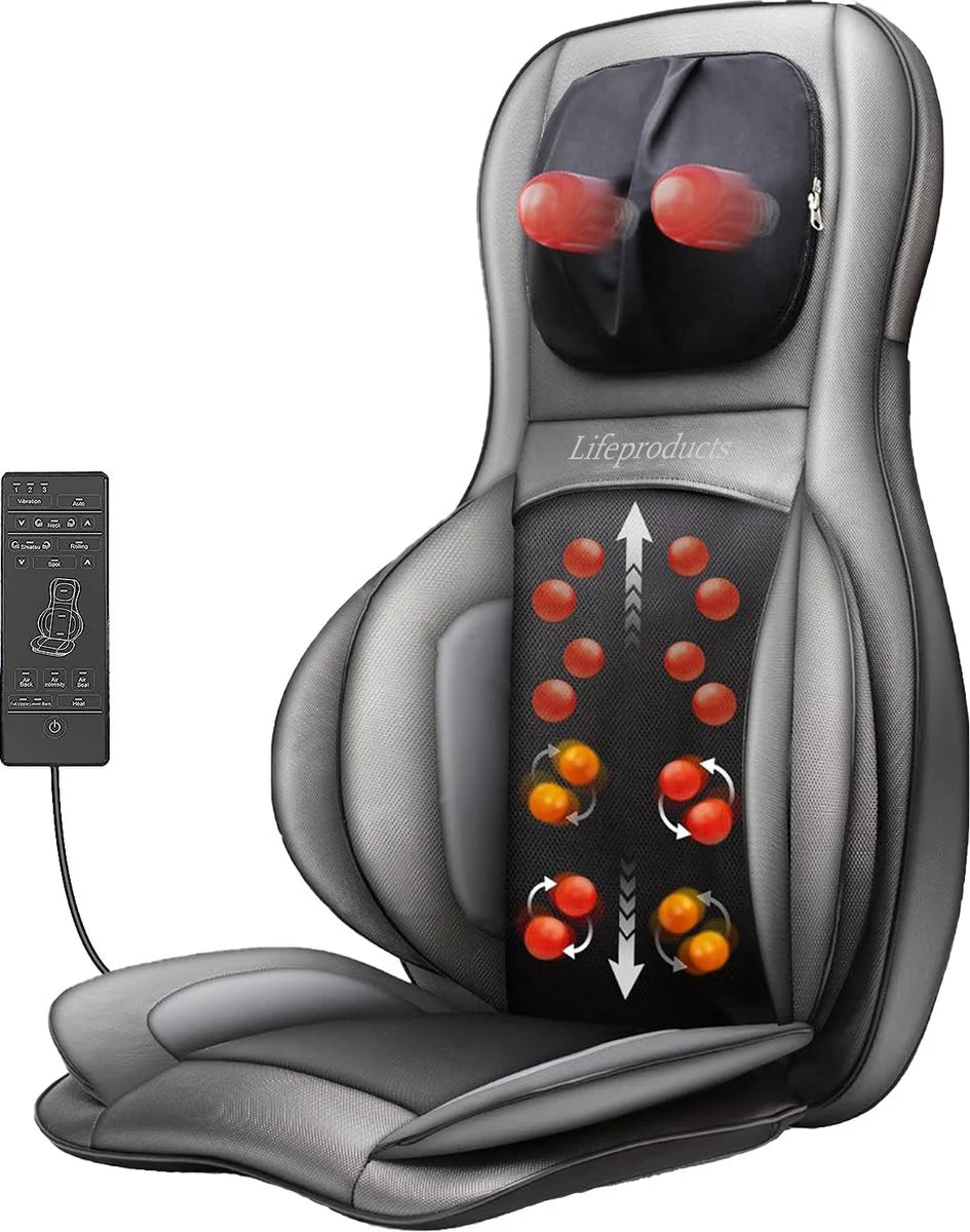Lifeproducts Elektrische Shiatsu Massagestoel & Kussen - Verwarmingsfunctie – 83,5 x 53 x 21 cm – Grijs