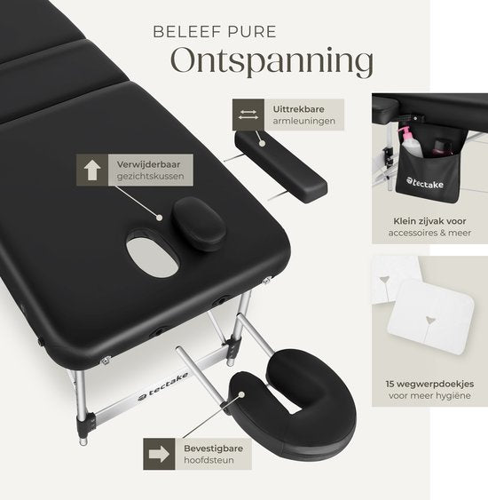 tectake® 3 Zones massagetafel - Behandeltafel incl. draagtas - 5 cm dikke vulling - Aluminium frame - 78 cm breed - 230kg draagvermogen - Incl. 15 hoofdsteundoekjes - Zwart