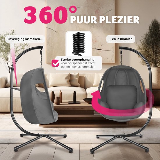tectake® Hangstoel met frame - Schommelstoel met kussen + rugkussen - Meubels voor woonkamer of slaapkamer - Balkonmeubilair - Binnen of buiten - Tot 160kg - Antraciet
