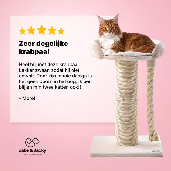 Jake en Jacky Krabpaal voor Grote Katten met Mand - Met Speeltouw - Naturel/Crème - 57x57x90 cm - Ø Sisal Krabpaal 20 cm