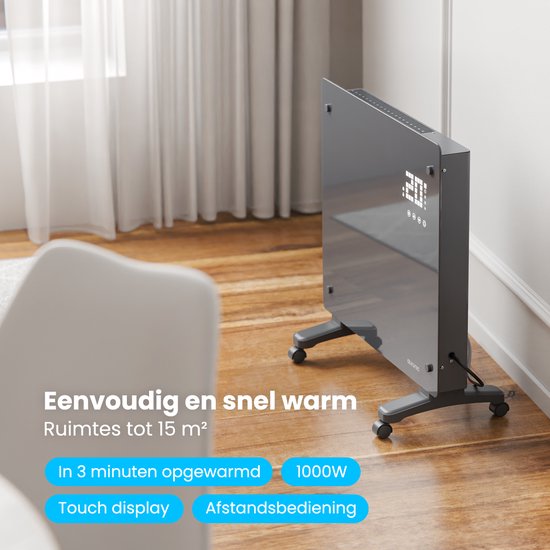 Auronic Elektrische Kachel – Convectorkachel met Thermostaat en Afstandsbediening - Glazen Paneelverwarming - 1000W Heater - Grijs