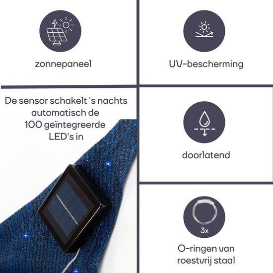 Perel Schaduwzeil met 100 leds, sterrenhemel, luifel voor tuin terras, schaduwdoek, waterdoorlatend, 90 % uv-bescherming, 3 roestvrijstalen ringen, 3.6 x 3.6 x 3.6 m, 180 g/m², HDPE, driehoek, donkerblauw