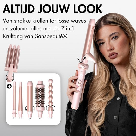 Sansbeauté® 7 in 1 Krultang met Klem en Wafeltang - Keramische Haarkruller - 13mm tot 38mm - Wafeltang - Föhnborstel Kort Haar - Warmteborstel - Krultangen - Thermal Brush - Haarstyler - Krulborstel 5 in 1