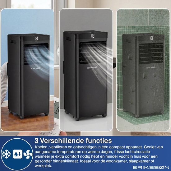 Erikssøn Mobiele Airco - 10.000 BTU - Incl. Raamafdichtingskit - Tot 30m² - 4-in-1 - Airconditioning - Ventilator - Ontvochtiger - Zwart