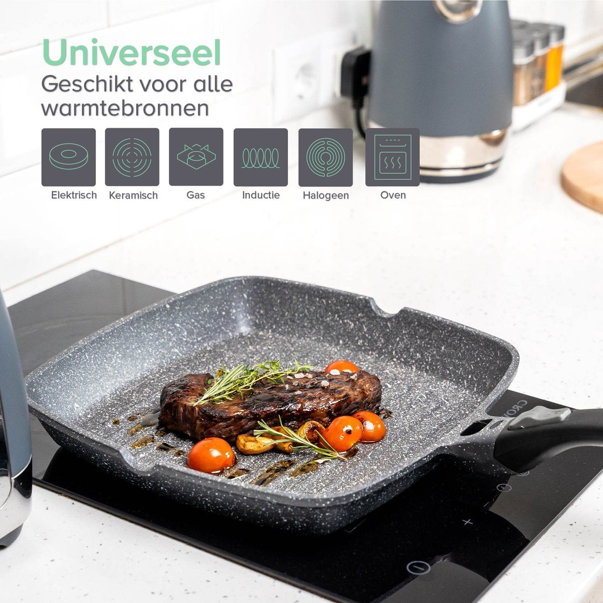 Coninx Grillpan Inductie 28cm - Steakpan Vleespan - Grill Pan met Afneembare Handgreep - PFAS-vrij - Geschikt voor alle Warmtebronnen - Bakpan Inductie - 28x28 CM - Extra Dikke Bodem - Vaderdag Cadeau