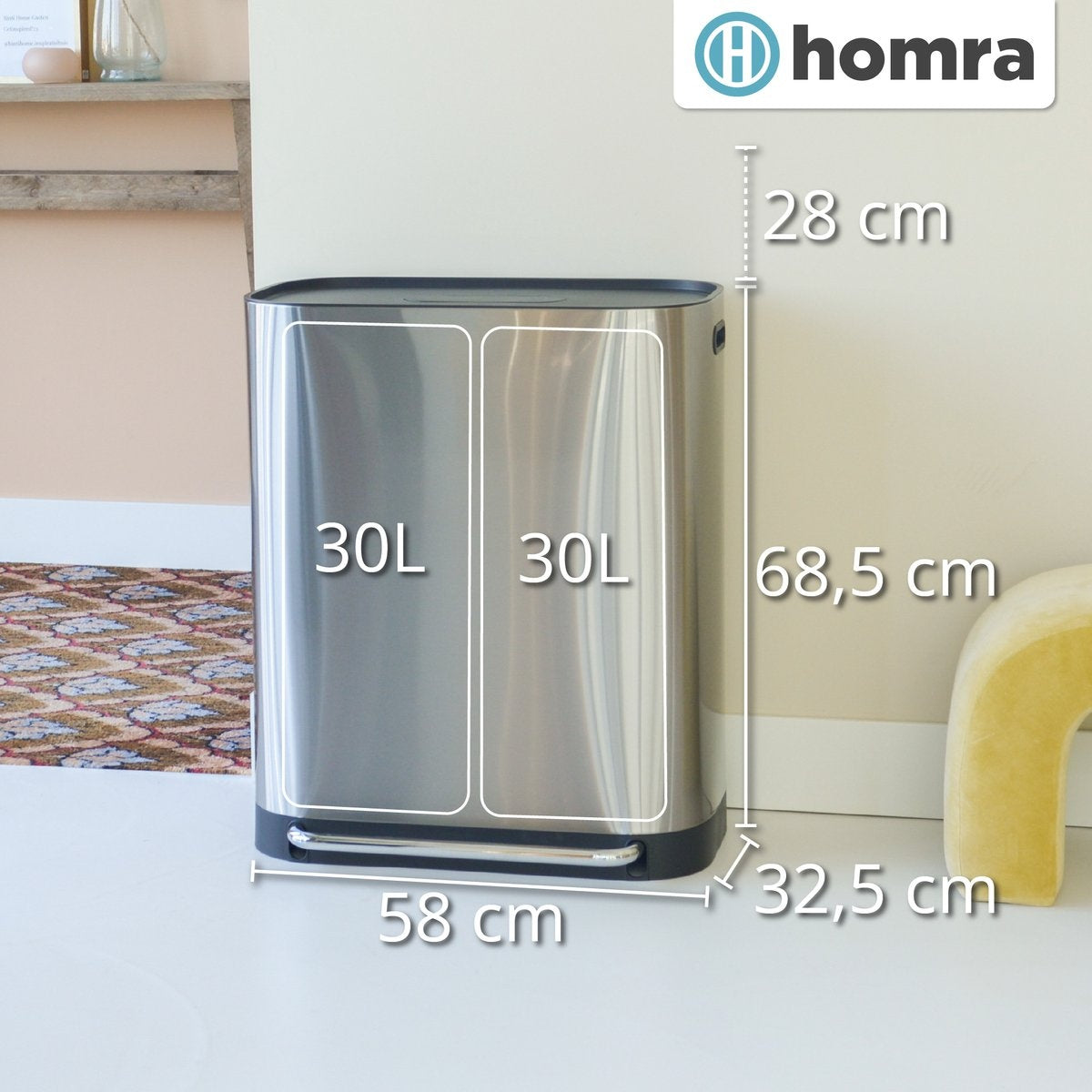 Homra Afvalscheidingsprullenbak – Duo Pedaalemmer met Geurfilter – 60L (2x30L) – RVS - Grijs - 37x58x68,5 cm