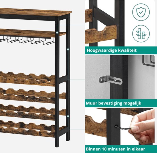 Niceey – Wijnkast Met Glazenhouder –  Voor 24 Flessen – 66 x 30 x 100 cm – Voorzien Van Bovenste Opbergplank En Ruimte Voor 15 Glazen – Voor Woonkamer En Keuken – Zwart En Bruin Metaal En Hout