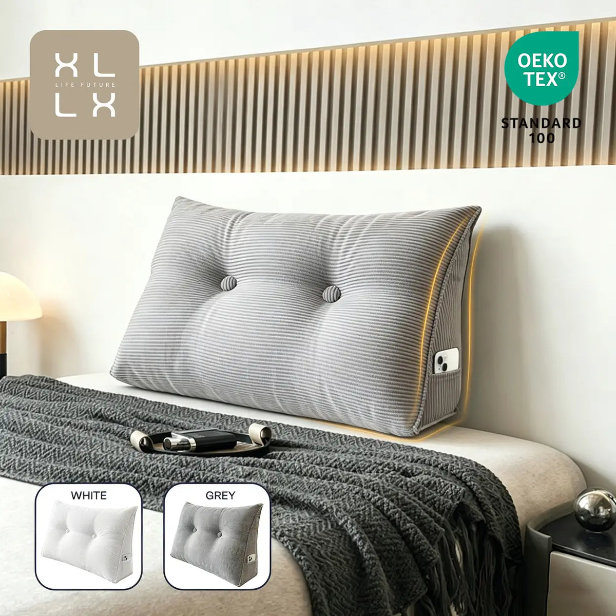 Xllx Rug- en Leeskussen - Wasbare Hoes en Zijvak - 80 × 50 × 20 cm - Grijs