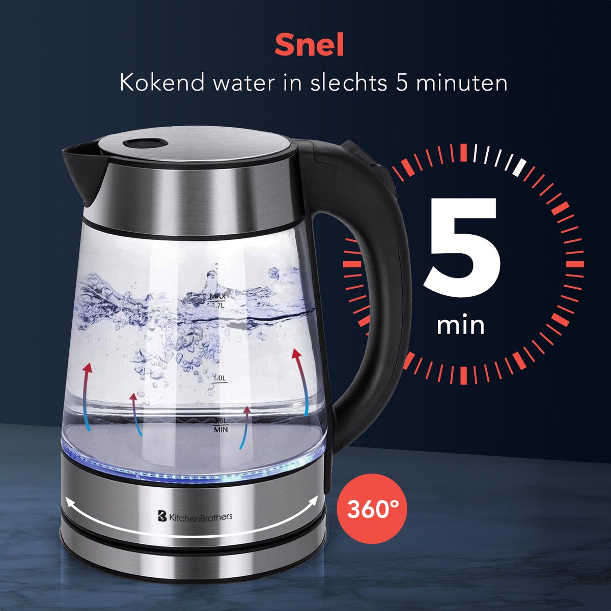 KitchenBrothers Waterkoker - 1.7L - Glas - BPA vrij - 2200W - 24.51x16.04x22.70 cm - Glas|Zonder temperatuurregeling