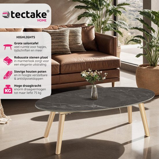 tectake® Salontafel | Woonkamertafel, Ovale Salontafel met Houten Poten | Marmerlook | Weerbestendige Bijzettafel voor Woonkamer, Terras, Tuin of Balkon - naturel