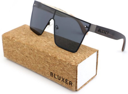 Bluxer® Zonnebril - Hippe Zonnebril Gepolariseerd - UV400 Lens - Oversize RVS Frame - Ebony Veneer Wood - Grijze Lens