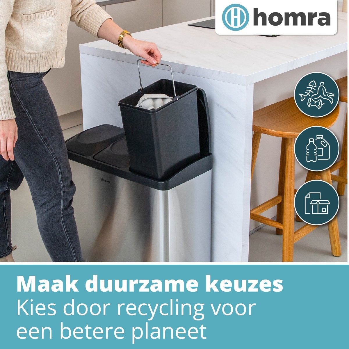 Homra Maxer Pedaalemmer 60 Liter - RVS Prullenbak 3 vakken - Trio Prullenbak 3 X 20 Liter - Prullenbak Afvalscheiding - Vuilnisbak voor huishouden en kantoor - Recycle Vuilbak keuken Afvalemmer Zilver - Afvalscheidingsprullenbakken
