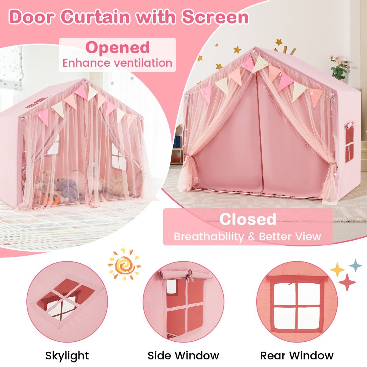 Coast Kinderspeeltent - met gordijnen en sterrenverlichting - grote speelhuis tent - roze
