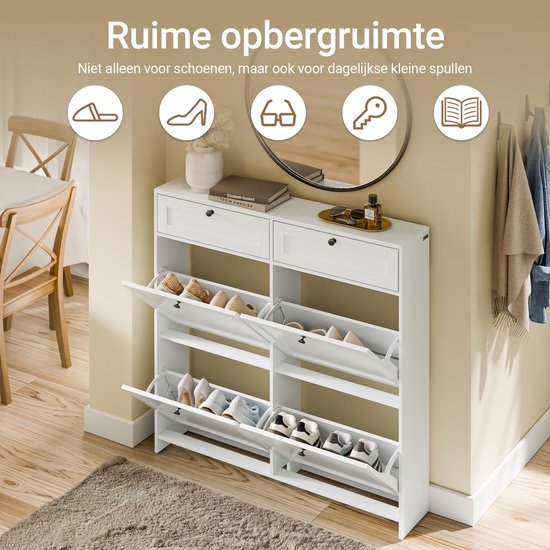 SoBuy Schoenenkast voor ingang, schoenenkast met 2 laden en 4 opklapbare deuren, praktische opslag voor 12 paar schoenen, wit, MDF E1, ideaal voor kleine ruimtes - FSR208-W