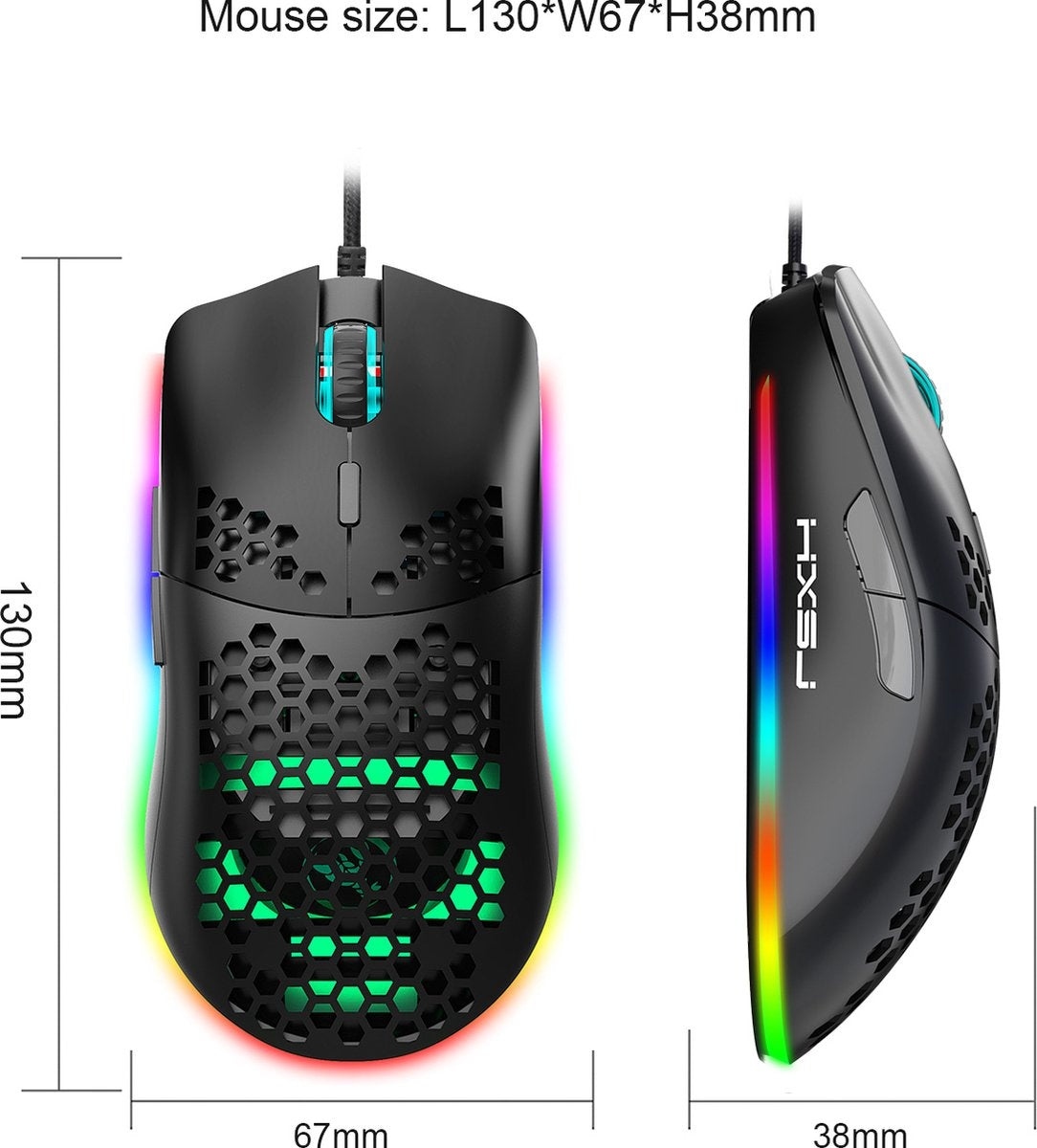 HXSJ J900 Optisch Gaming Muis - Ultra licht - RGB Verlichting - 6400 DPI - Zwart