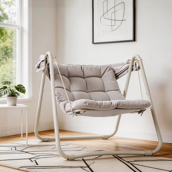 SoBuy OGS62-MI Schommelstoel met verstelbare parasol - Voor Binnen en Buiten - hangmat en Tuinstoel voor buiten - beige, 108 x 126 x 163 cm