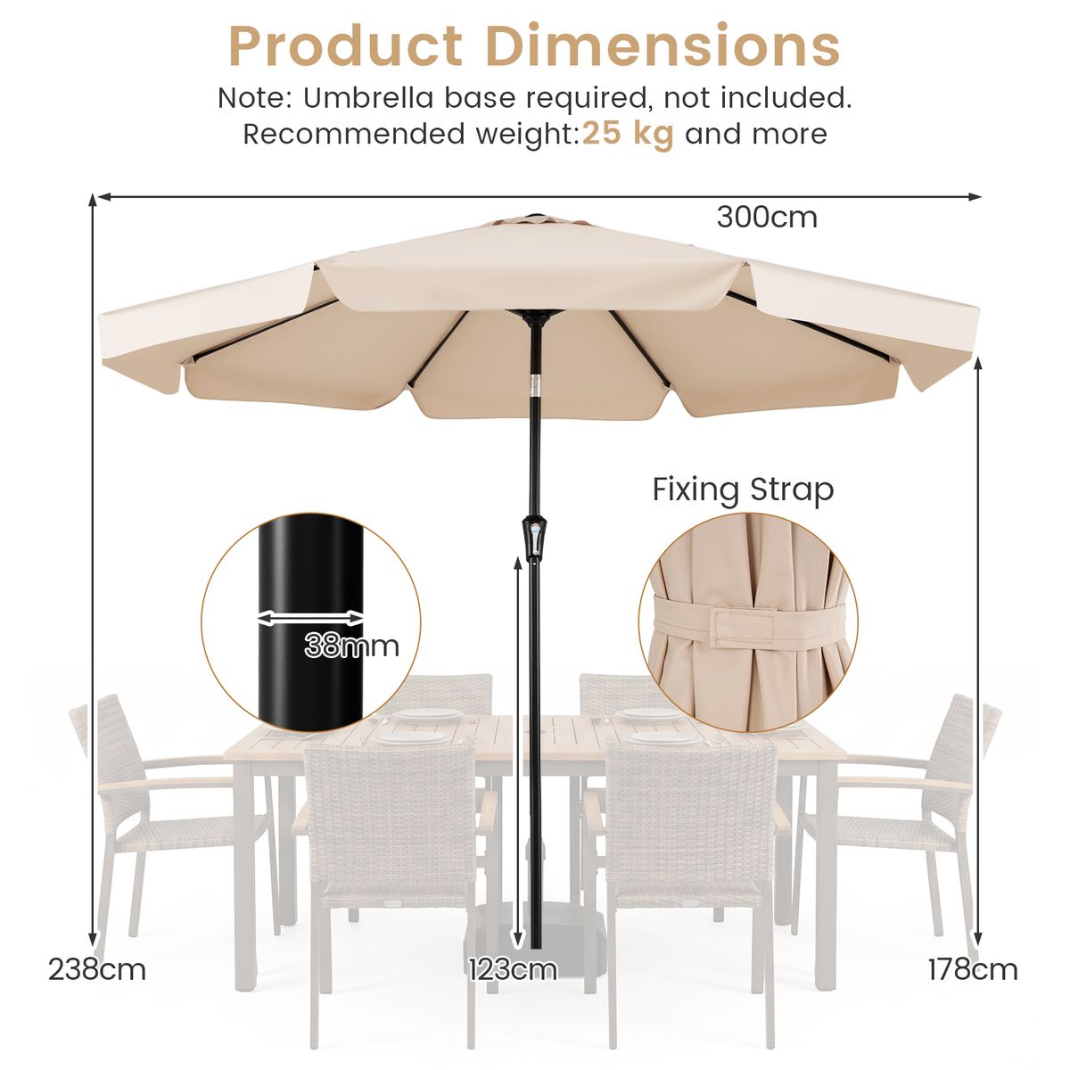 Coast parasol kantelbaar - 3 meter diameter - metalen stok - beige