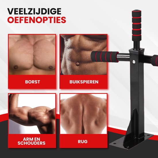 TTD® Premium Pull Up Bar – Wandmontage Dip Station – Tot 250KG – Home Workout – Zwart/Rood