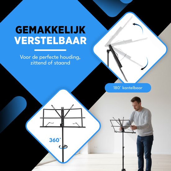 Finesse Muziekstandaard voor Bladmuziek - Opvouwbaar - met Draagtas - Lessenaar voor Tablet - Zwart