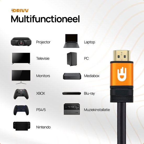 Drivv. Premium HDMI Kabel 2.1 - Ultra HD High Speed 8K - HDMI naar HDMI - Geschikt voor Xbox Series X & PS5 - 3 meter - Oranje
