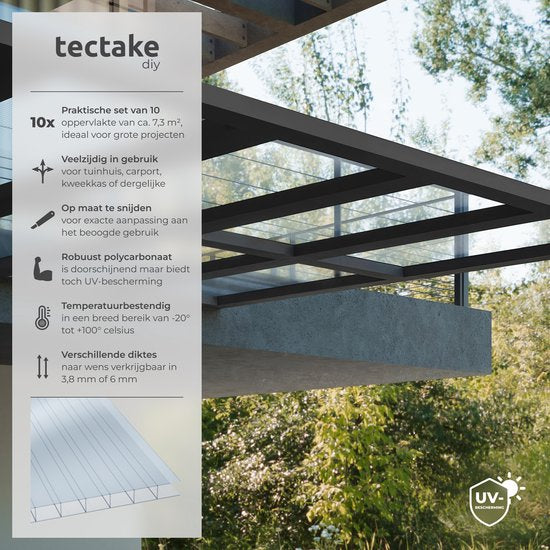 tectake® - Set van 10 Polycarbonaat Platen - Stevige lichtdoorlatende, UV-Bestendige dubbelwandige platen - 121 x 60,5 cm - 7,32m² totaal - Transparant - Broeikas plaat - 6mm dik