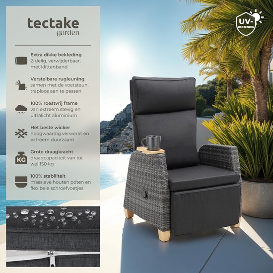 tectake® - Wicker buitenfauteuil - Stoel met hoge rugleuning - Voetsteun en verstelbare rugleuning - Relaxstoel met ligfunctie - Loungemeubel voor tuin - Ligstoel - Leesstoel - Incl. ruimte voor beker/glas