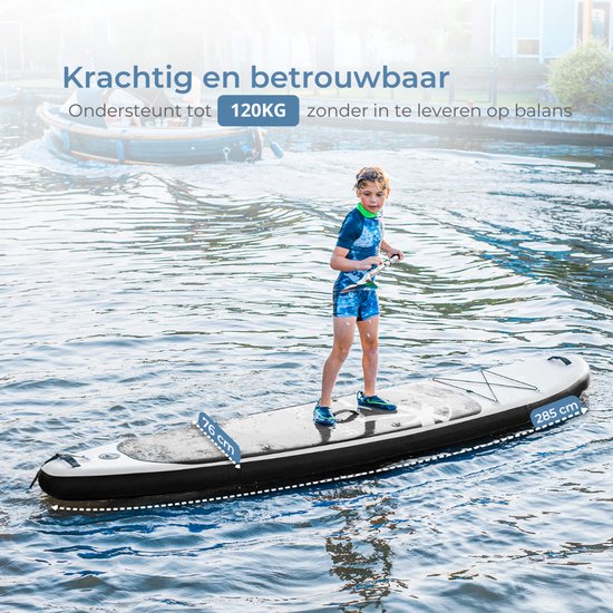 Supper Sup Board - Max. 120KG - Opblaasbaar – Paddle Board – Pomp – Vin – Leash – Draagtas – 285 x 76 cm - Zwart
