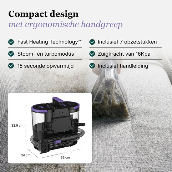 Motionflow Tapijtreiniger PRO – Professionele Dieptereiniging met Stoomfunctie tot 100°C – Krachtige 1700W Vlekkenreiniger - Stoomreiniging voor Vloer, Bank, Badkamer en Tapijt - Stoomreiniger & Zetelreiniger - Carpet Cleaner incl. Schoonmaakmiddel