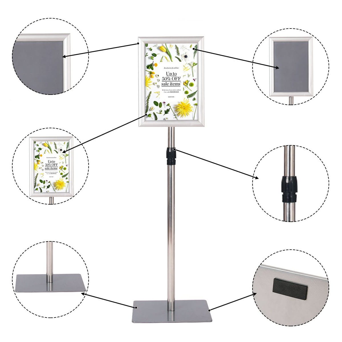 Coast Posterstandaard - Verstelbaar & Weerbestendig - Tot. 118cm Hoog - 28 x 28 cm - Zilver