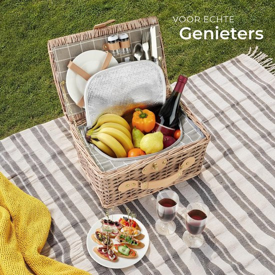 tectake® complete Picknickmand Set Ameland - Luxe 13-delige Picknick set voor 2 personen - Picknick Mand van Riet - Inclusief Koelvak, Set met Borden, Kunststof Wijnglazen en Roestvrijstalen Bestek