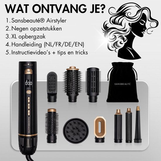 Sansbeauté® 9-in-1 Airstyler met Diffuser - Multistyler - Föhnborstel Kort Haar - Haarkruller - Haarstyler - Haardroger - Warmteborstel - Krulborstel - Krultang - Haarstijler - Stijlborstel - 5 in 1 Hairstyler