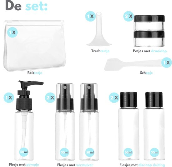 VAIVE Reisflesjes Handbagage 9-delig - Reisaccessoires - Reisflacons - Cosmetica Potjes - Reis Flesjes - Reisverpakking - Reisset
