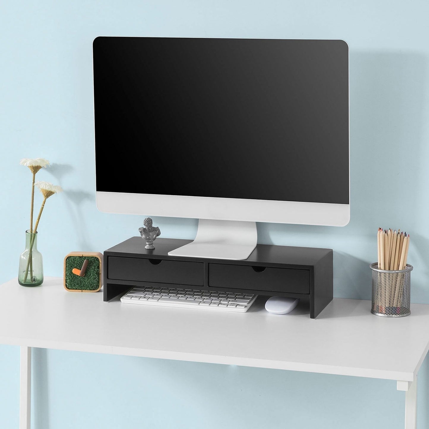 SoBuy BBF02-Sch Monitorstandaard Computerstandaard Bureau-organizer met 2 Laden - 47x11x18cm (Zwart)