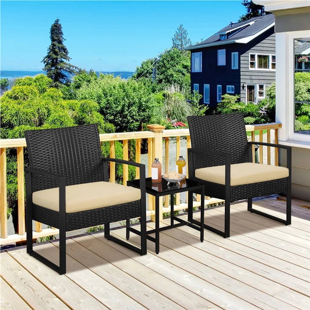 Yaheetech Balkonset - 3-delig - 2 Stoelen/Tafel - Polyrattan - Zwart/Khaki