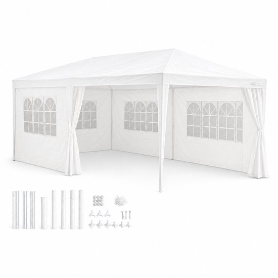 Kinzo Partytent 3x6 m - Tent Paviljoen voor 70 Personen - Tuinpaviljoen met 6 Zijwanden - Tuintent met Nokhoogte 2.5m - Feesttent Waterdicht en UV Bestendig - Wit