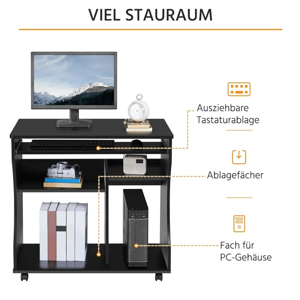 Yaheetech Computerbureau met Toetsenbordlade en Wielen - Zwart - 80 x 48 x 76 cm