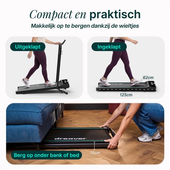 Dreaver Elevate Pro - 2 in 1 Loopband Inklapbaar 12KM/U met 9% Hellingsfunctie - Inclusief App & Accessoires - Hardloopband - Treadmill - Wandelband - Walking pad - Voor Thuis