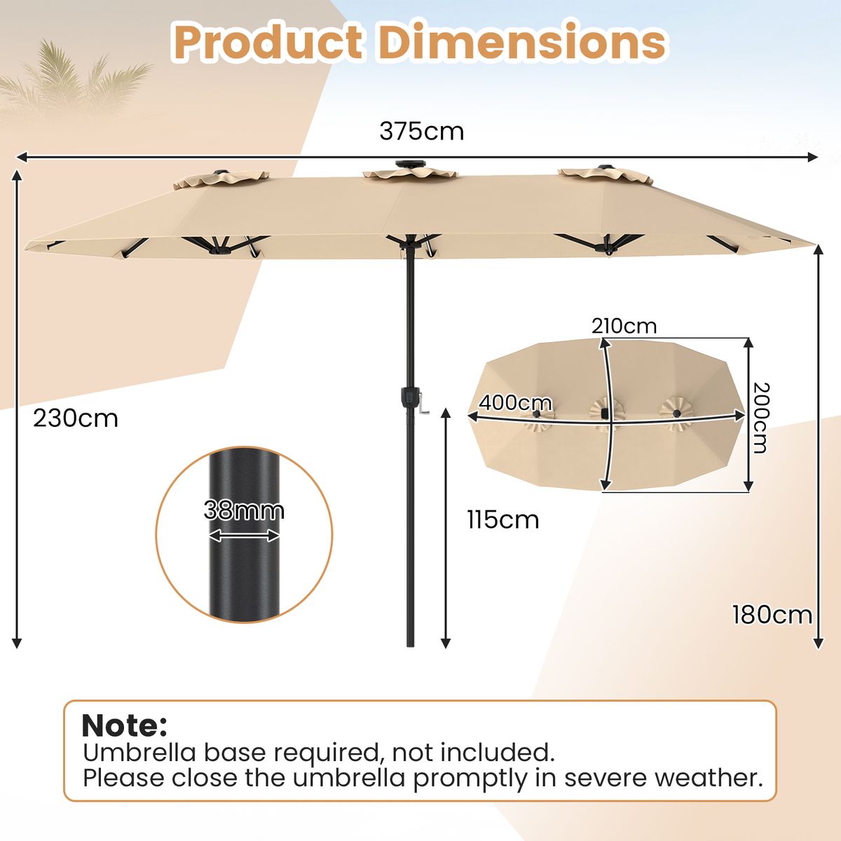 Coast Dubbele tuinparasol - rechthoekig met ledverlichting - 400 x 210 cm - beige