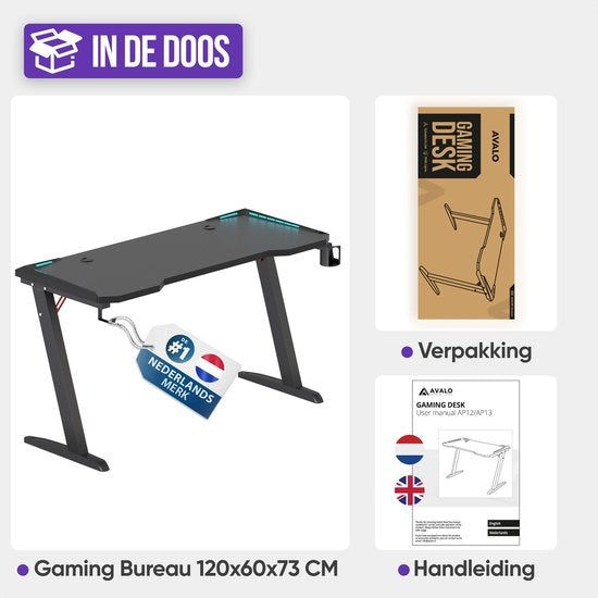Avalo Gaming Bureau - 120x60x73 CM - Game Desk Met LED Verlichting - Tafel - Zwart